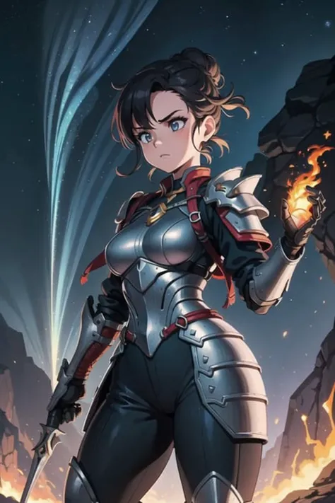 girl, standing, armor, fantasy, isekai, fighting pose, outdoors, night, stars, aurora,(outdoors,hotify),Lava Background,Musclegut,Normal Breasts,Fighting Pose,Very Short Hair,Braided Buns,gray Flight Jacket,viridian Parachute Pants,Overwatch,Witch Robe ,(masterpiece,detailed,highres:1.4) <lora:5shot:0.45>
