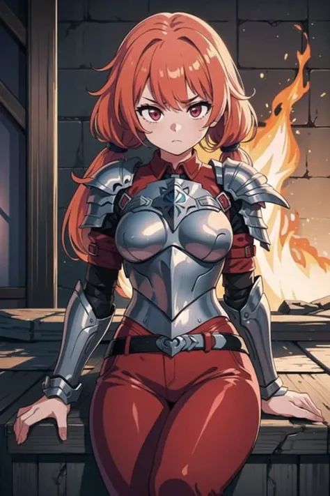 girl, standing, armor, fantasy, isekai, fighting pose, outdoors, day, fire, ruins, war,(indoors,hotify),Tropical Background,Curvy,Tiny Breasts,Lying on back, parallel to the camera,Long Hair,Pigtails,red Collared Shirt,magenta Straight Pants,Honkai Impact,Breastplate ,(masterpiece,detailed,highres:1.4) <lora:5shot:0.45>