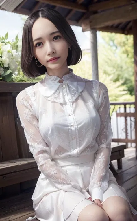 (8k, Best Quality, Masterpiece: 1.2), (Realistic, Photorealistic: 1.37), Super detailed, 1 girl, Cute, Solo, Beautifully detailed sky, Detailed cafe, Night, Sitting, Dating, ( Nose blush), (smile: 1.15), (closed mouth) small breasts, fine and beautiful eyes, (collared shirt: 1.1), night, wet, office clothes, rain, white lace, (short hair: 1.2), floating Hair NovaFrogStyle,