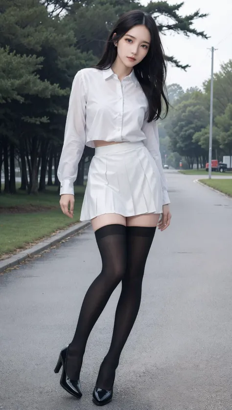 cinematic photo 1girl,brown eyes,(black long straight hair:1.2),(full body:1.2),looking at viewer,8k uhd,dslr,soft lighting,high quality,film overlay,film grain,Fujifilm XT3,outdoors,photorealistic,realistic,solo,richly defined face,dewy skin,products shot,(high detailed skin:1.2),detailed face and eyes,natural skin texture,highly detailed skin,textured skin,skin pores,imperfect skin,visible skin detail,detailed skin texture,dynamic pose,windy,young beauty,(pleated skirt),(transparent stockings:1.4),(thigh high nylon stockings:1.2),high heel shoes,outdoors,sun light,<lora:Ayano Omoto:0.5>,