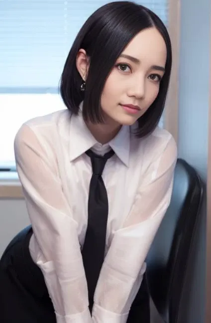 (RAW photo, best quality), (realistic, photo-realistic:1.3), masterpiece, an extremely delicate and beautiful, extremely detailed, CG, unity , 2k wallpaper, Amazing, finely detail, light smile, extremely detailed CG unity 8k wallpaper, huge filesize, ultra-detailed, highres, absurdres, soft light, (((medium hair:1.3), short bang, floating hair novafrogstyle)), beautiful detailed girl, detailed fingers, extremely detailed eyes and face, beautiful detailed nose, beautiful detailed eyes, long eyelashes, light on face, looking at viewer, (closed mouth:1.2), 1girl, cute, young, (full body:1.3), ((small )), realistic face, realistic body, beautiful detailed thigh, business suit, cross-laced clothes, collared shirt, , in office, detailed office, open cardigan, black thighhighs, miniskirt, black , unbuttoned shirt,  <lora:Ayano Omoto:1> Ayano Omoto