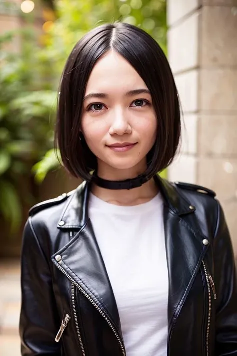 best quality, photorealistic, 8k, high res, 1girl, woman, (skindentation), (professional lighting),(ultra-detailed human face),long hair,fashion model,(black leather jacket:1.4),(white tank top),smile, 24 years,standing,(denim shorts),(high heels), (portrait:0.7), gorgeous, long hair, (1girl eyes looking at viewer:1), ((looking at viewer:1.6)), (1girl looking at the camera), photorealistic, (bokeh), (portait:0.5), (dynamic pose:1.2), masterpiece, intricate,  <lora:Ayano Omoto:0.8>, (Ayano Omoto:0.9)