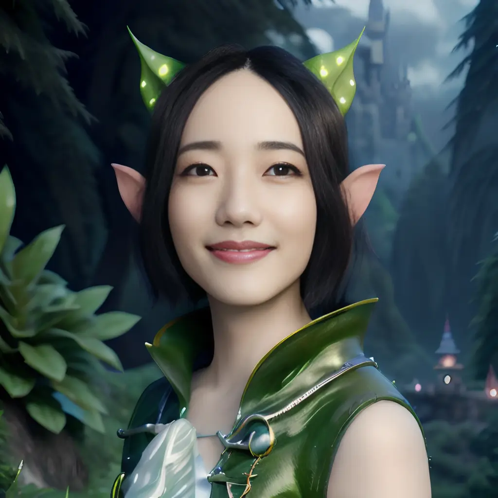 <lora:Ayano Omoto:1>, Ayano Omoto with elf ears, smiling, (mouth open:1.3), (looking back at camera:1.3), castle, digital painting, hyperrealistic, fantasy, whimsical, romantic, bust, highly detailed, sharp focus, stunningly beautiful, green, yellow, torch light,