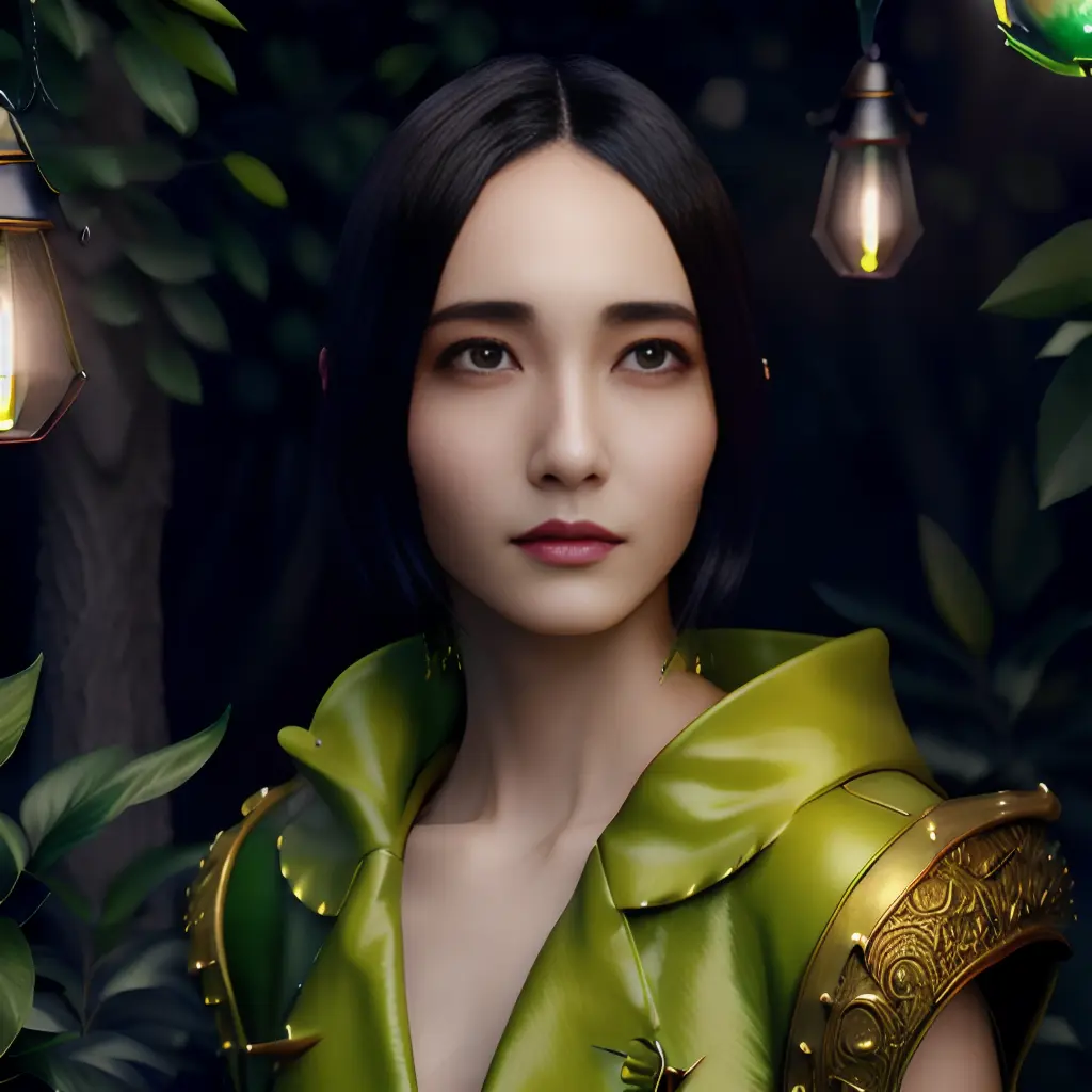 <lora:Ayano Omoto:1>, digital painting, hyperrealistic, fantasy, suggestive, bust, highly detailed, sharp focus, stunningly beautiful, green, yellow, candle light,