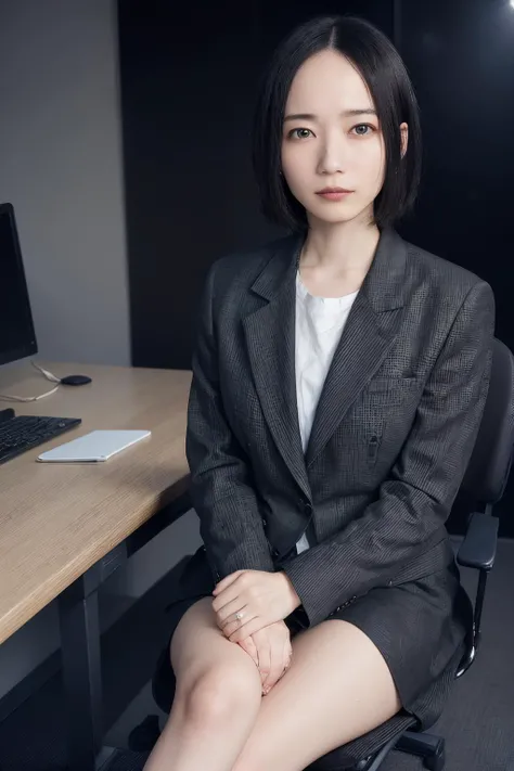 (<lora:Ayano Omoto:0.8>, Ayano Omoto sitting at a desk having a telephone conversation with an annoyed expression:1.4), (masterpiece, best quality, 8k, super detailed skin, super detailed eyes, super detailed eyes, super detailed nose:1.4), 1girl, office lady, phone, office chair, desk, computer, annoyed, whole full body, from below,