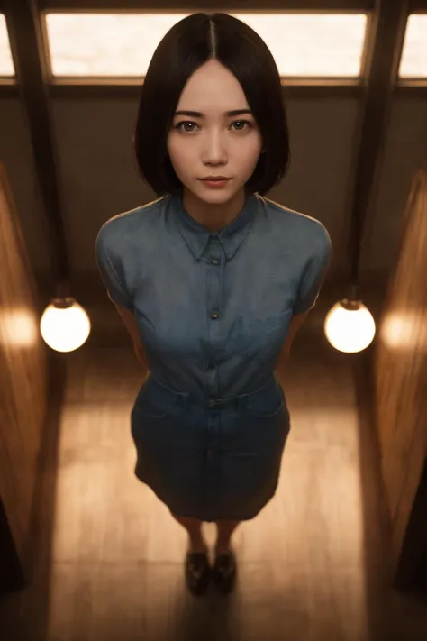 (masterpiece, best quality, beautiful quality, photorealistic, looking at viewer, detailed lighting, shadows, 8k:1.4), (a picture of a woman, 1girl, arms behind back, from above, looking at viewer:1.3), <lora:Ayano Omoto:0.8>,