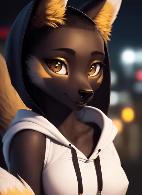 renubis, furry female anthro, fox girl, (black face:1.2), gold markings, portrait, close-up, (white hoodie:1.3),  fur trim, solo, (body fur:1.2), (best quality), (detailed urban background:1.2), dramatic lighting, (detailed fluffy fur:1.1), looking at viewer,   medium breasts, <lora:renubis-v1-locon:1>