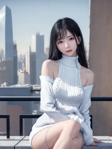 pureerosface_v1, best quality, photorealistic, 8k, high res, full color, 1girl, woman, 20 years old woman, (closed mouth:1.52), (skindentation), (portrait:0.6), skyscraper, tall building, daylight, ((cityscape background:1.52)), full color, ((high-necksweater:1.68)), straight-looking at viewer:1.8, (1girl eyes looking at viewer:1.55), (shoulder-length hair, blackhair, partedbangs:1.45), (bokeh), <lora:AAV-aiga2:0.7>