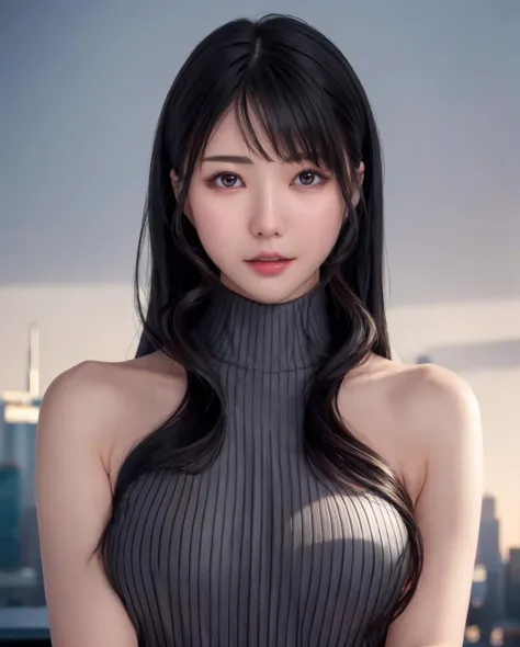 pureerosface_v1, best quality, photorealistic, 8k, high res, full color, 1girl, woman, 20 years old woman, (closed mouth:1.2), (skindentation), (portrait:0.6), skyscraper, tall building, daylight, ((cityscape background:1.52)), full color, ((highnecksweater:1.68)), straight-looking at viewer:1.8, (1girl eyes looking at viewer:1.55), (shoulder-length hair, blackhair, partedbangs:1.45), (bokeh), <lora:AAV-aiga:0.7>