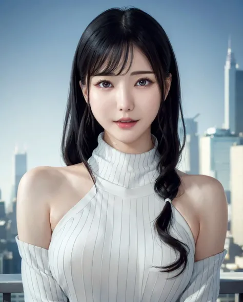 pureerosface_v1, best quality, photorealistic, 8k, high res, full color, 1girl, woman, 20 years old woman, (closed mouth:1.2), (skindentation), (portrait:0.6), skyscraper, tall building, daylight, ((cityscape background:1.52)), full color, ((highnecksweater:1.68)), straight-looking at viewer:1.8, (1girl eyes looking at viewer:1.55), (shoulder-length hair, blackhair, partedbangs:1.45), (bokeh), <lora:AAV-aiga:0.7>