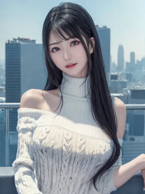 pureerosface_v1, best quality, photorealistic, 8k, high res, full color, 1girl, woman, 20 years old woman, (closed mouth:1.52), (skindentation), (portrait:0.6), skyscraper, tall building, daylight, ((cityscape background:1.52)), full color, ((high-necksweater:1.68)), straight-looking at viewer:1.8, (1girl eyes looking at viewer:1.55), (shoulder-length hair, blackhair, partedbangs:1.45), (bokeh), <lora:AAV-aiga2:0.7>