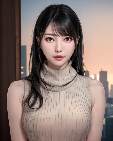 pureerosface_v1, best quality, photorealistic, 8k, high res, full color, 1girl, woman, 20 years old woman, (closed mouth:1.2), (skindentation), (portrait:0.6), skyscraper, tall building, daylight, ((cityscape background:1.52)), full color, ((highnecksweater:1.68)), straight-looking at viewer:1.8, (1girl eyes looking at viewer:1.55), (shoulder-length hair, blackhair, partedbangs:1.45), (bokeh), <lora:AAV-aiga2:0.7>