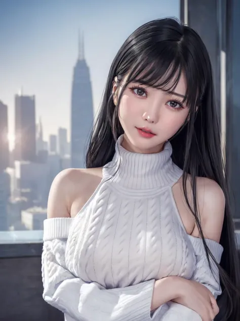 pureerosface_v1, best quality, photorealistic, 8k, high res, full color, 1girl, woman, 20 years old woman, (closed mouth:1.52), (skindentation), (portrait:0.6), skyscraper, tall building, daylight, ((cityscape background:1.52)), full color, ((high-necksweater:1.68)), straight-looking at viewer:1.8, (1girl eyes looking at viewer:1.55), (shoulder-length hair, blackhair, partedbangs:1.45), (bokeh), <lora:AAV-aiga2:0.7>