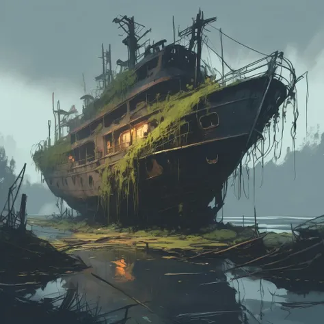 sketch, A hauntingly beautiful dystopian boatyard, overgrown with vines and moss, where a group of deer roam freely among the rusted shipwrecks, surrounded by intricately detailed trees with glowing leaves, in the style of Jacub Rozalski and Alex Andreev, with a mix of dark and moody colors, industrial elements, and a sense of post-apocalyptic mystery
<lora:sketch_style:1>