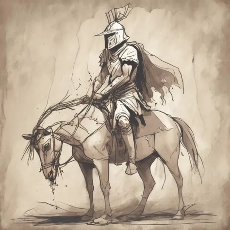 sketch, an ancient warrior, on his horse, his legs injured, torn cloth, bleeding on his forehead, broken mask
<lora:sketch_style:1>