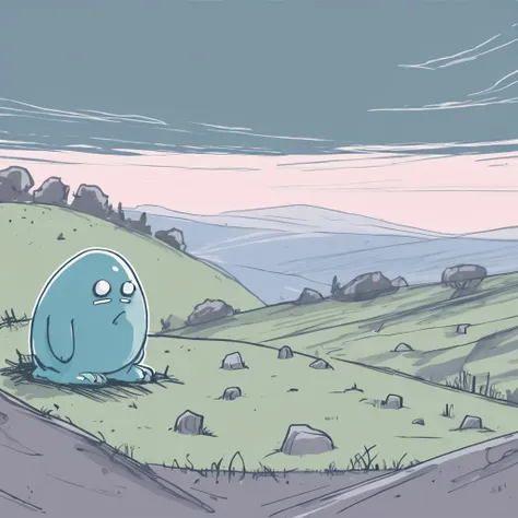 sketch, grumpy slime on a hill waiting someone for eternity. Sorrow and Sadness in the eyes. Solitude. Lonely
 <lora:sketch_style:1>