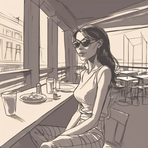 sketch, restaurant terrace, outdoor, 1990s streetwear, brunette woman, sunrays, halation
<lora:sketch_style:1>
