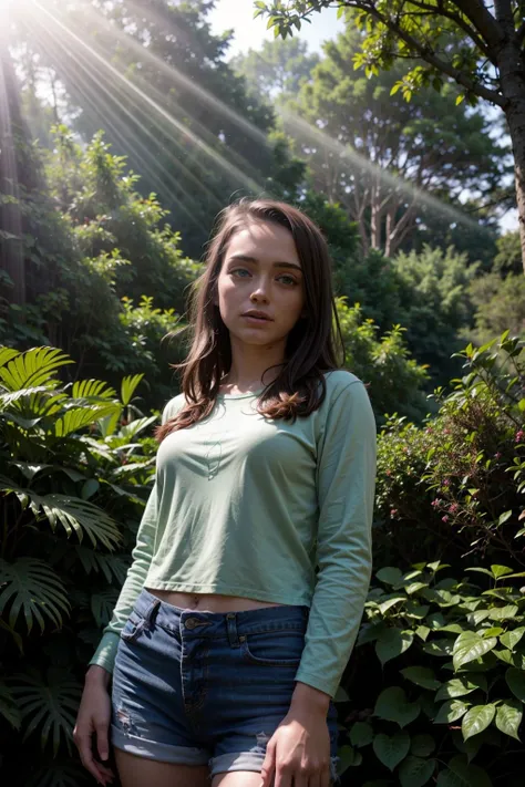 face looking at camera. Professional, high-quality photos, 4K resolution, Realistically detailed image of an attractive girl in cosplay fox, with fox ears and a fox tail. She is sitting in the middle of a magical forest, Every element is perfectly expressed. The texture of pajamas, The ears and tail are sharp、palpable. The sunlight falls on the leaves、The girl's face is gently illuminated, Highlights delicate and attractive facial expressions. (Big breast. Real life big mom).