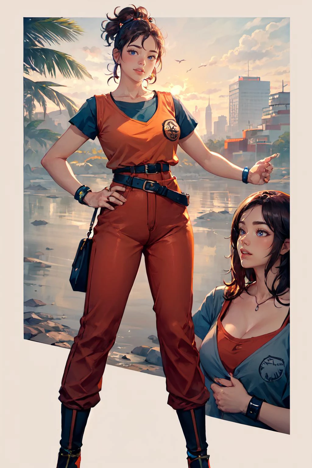 Highly detailed, High Quality, Masterpiece, beautiful, carmenIbanez, <lora:Char_StarshipTroopers_CarmenIbanez:1>, TurtleSchoolUniform, dougi, belt, orange pants, blue footwear, <lora:Outfit_TurtleSchoolUniform:0.9>