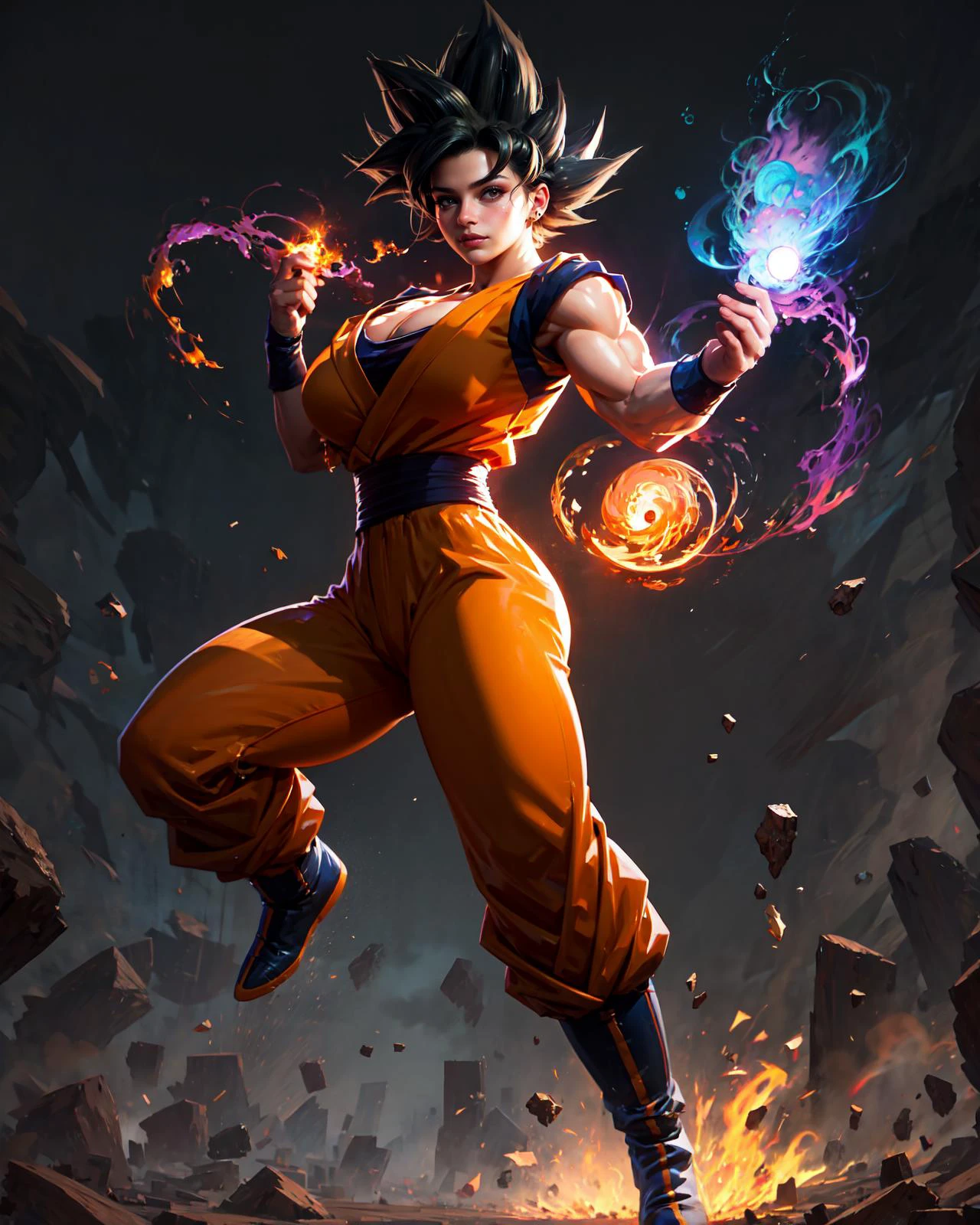 full body photography that vividly captures a (female) goku cosplay, (black-hair), spiked hair, sexy dragonball, TurtleSchoolUniform
dougi, belt, orange pants,
muscular, (curvy body), (huge breast:1.3), thin waist, thick thighs,
remarkable extension, legs outstretched with elegance and power, photorealistic style with impressionistic flair, swirls of soft pastel colors following her dynamic movement, high-contrast lighting, 4K resolution enhancing visual impact, <lora:SonGokusOutfit:0.9>