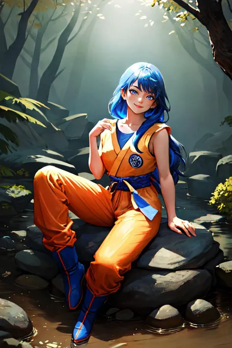 Highly detailed, High Quality, Masterpiece, beautiful, Turtle School Uniform, <lora:SonGokusOutfit:0.9>, 1girl, solo, full body, light smile, dougi, orange pants, boots, Raiden_Shogun_\(genshin impact\), Raiden_Shogun:1.2, blue hair, long hair, <lora:Char_GenshinImpact_RaidenShogun:0.8>