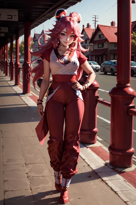 Highly detailed, High Quality, Masterpiece, beautiful, TurtleSchoolUniform, <lora:SonGokusOutfit:0.9>, 1girl, solo, light smile, full body, dougi, orange pants, yae miko, pink eyes, long hair, pink hair, animal ears,<lora:Char_GenshinImpact_YaeMiko:0.5>