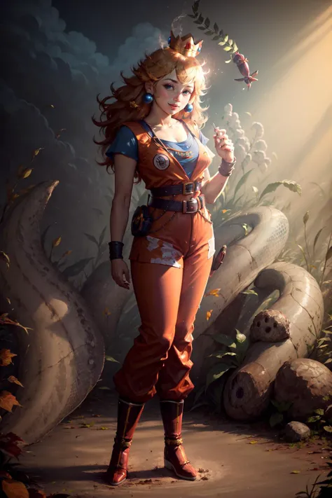 Highly detailed, High Quality, Masterpiece, beautiful, TurtleSchoolUniform, <lora:SonGokusOutfit:1>, 1girl, solo, light smile, full body, dougi, belt, orange pants, blue footwear, crown, <lora:Char_MarioSeries_PrincessPeach:1>
