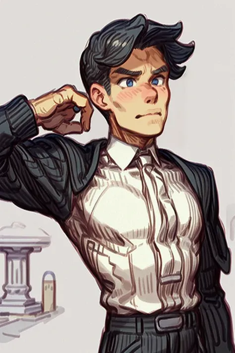 best quality,masterpiece,solo, 1boy, male focus, black hair, fine art parody, closed mouth, shirt, upper body, formal, long sleeves, ring, suit, white shirt