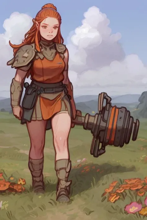 (wide view angle,from below, huge weapon:1.3) ,1girl, walking, solo,holding sword, weapon,armlet, dress ,orange hair,long hair, grass, outdoors, flower,, (best quality,masterpiece,realistic:1.2),{(prompt,:1.15)},( award winning), best quality, realistic ,ultra high res,ultra-detailed,(by Ali Erturk:1.3), by Geof Darrow