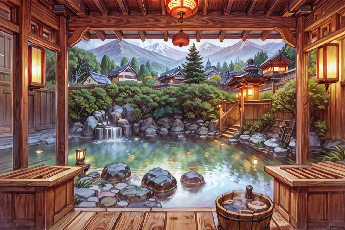 landscape, japan traditional hot onsen, dawn, dim light, detail, realistic, ((masterpiece)), hot steam, wooden bucket, forest, bamboo, <lora:ARWJapanOnsen:1>, rococo style, soft lighting, fantastic colorful, (masterpiece:1.2), ultra-detailed, (best quality), illustration, <lora:tangbohu-detailer_1.0:1>, <lora:sharpen-soften:-0.5>, <lora:realistic:0.1>, <lora:kittew_v0.1:0.4>