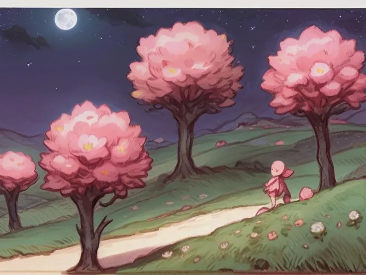 flower, wide shot, scenery, pink flower, moon, planet, standing, star (sky), sky, night,