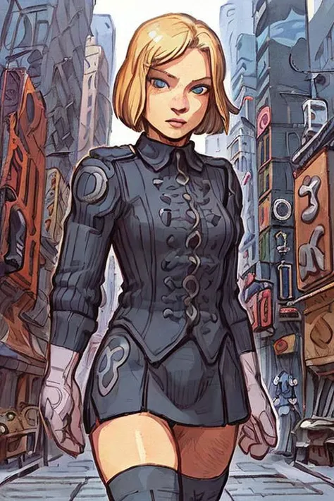 Fine Art realistic Masterpiece druuna style, thin outline, illustration of a young blond woman, short bob hairstyle, wearing coat, shirt, skirt, thigh-highs, walking in New-York Manhattan streets, dynamic pose, innocent expression, detailed face, detailed eyes, intricately detailed, VisionaryVerse