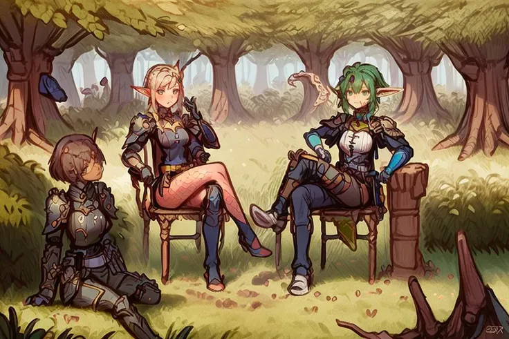 a drawing of a female character in armor, fantasy paladin woman, elf warrior,sitting,(crossed legs:1.2),outdoors,forest,(androidarts:1.2)