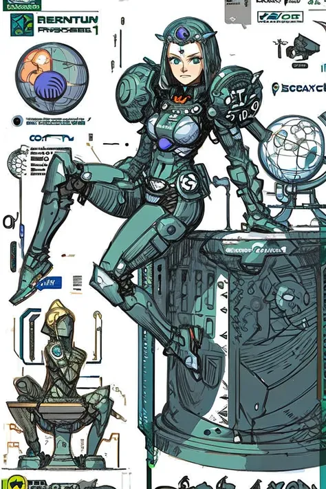 poster, ((woman, statue, text, logos, globe with grid)) <lora:acid 3:1>
