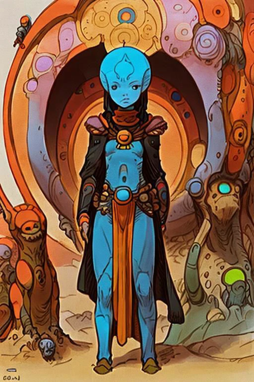 Fine Art Masterpiece, thin outline, illustration of a fremen girl in a sietch by moebius, moebiuscolor, intricately detailed