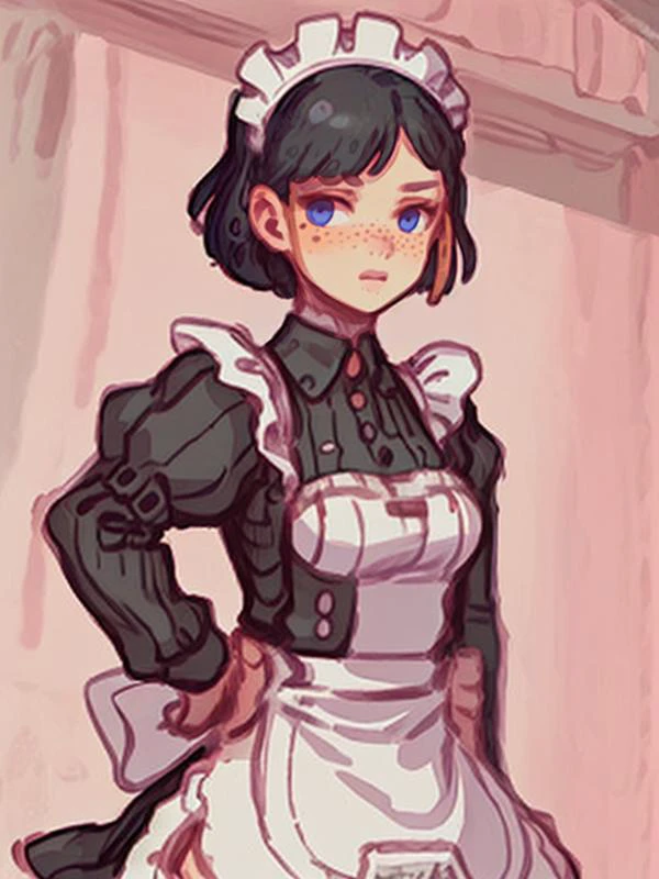 1girl, solo, freckles, maid headdress, maid, cleavage, short hair, black hair, looking at viewer, apron, choker, earrings, blue eyes, jewelry, bangs, arms behind back, mole, frills, blush, waist apron, maid apron, black choker