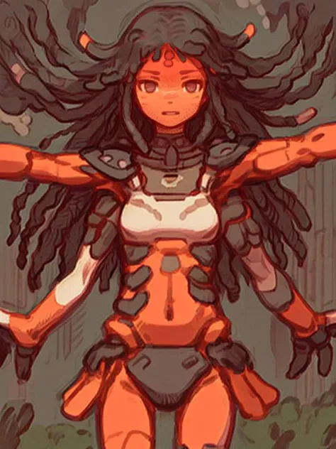 1girl, from below, solo, spread arms, outstretched arms, long hair, black hair, forest, red skin,dark foreground,