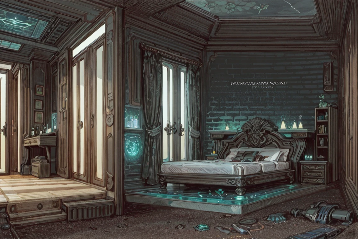 CocaineDecor, (wide angle shot), (((round bed, bed in middle of floor, mirror, mirror in ceiling), mirror wall, satin bed sheet)), interior design editorial, at a stylish 1980s luxury penthouse apartment, champagne bottle, abstract bronze statue, champagne flute, marble floor, metal wire chair with leather cushion, bright colored fish swimming in aquarium tank, ((black marble nightstand, using retro computer on top of desk, large rectangular aquarium tank in wall, embedded aquarium tank, crt monitor)), 80s_comp, retro computer, all_in_one, monitor, black bezel, wires, keyboard, curved screen, photo of a luxurious bedroom with design furniture, large room, green modern room, ((glass brick wall)), studio lighting, RAW Photo, (best quality:1.1), minimalism, dark colors, black and green, night, new york, night skyline, wallstreet, investment bank, rococo style, soft lighting, fantastic colorful, (masterpiece:1.2), ultra-detailed, (best quality), illustration, <lora:tangbohu-detailer_1.0:1>, <lora:sharpen-soften:-0.5>, <lora:realistic:0.1>, <lora:kittew_v0.1:0.4>