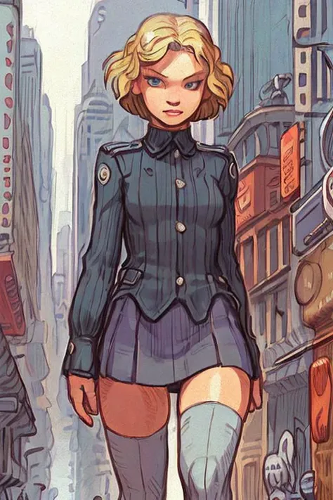 Fine Art realistic Masterpiece druuna style, thin outline, illustration of a young blond woman, short bob hairstyle, wearing coat, shirt, skirt, thigh-highs, walking in New-York Manhattan streets, dynamic pose, innocent expression, detailed face, detailed eyes, intricately detailed, VisionaryVerse