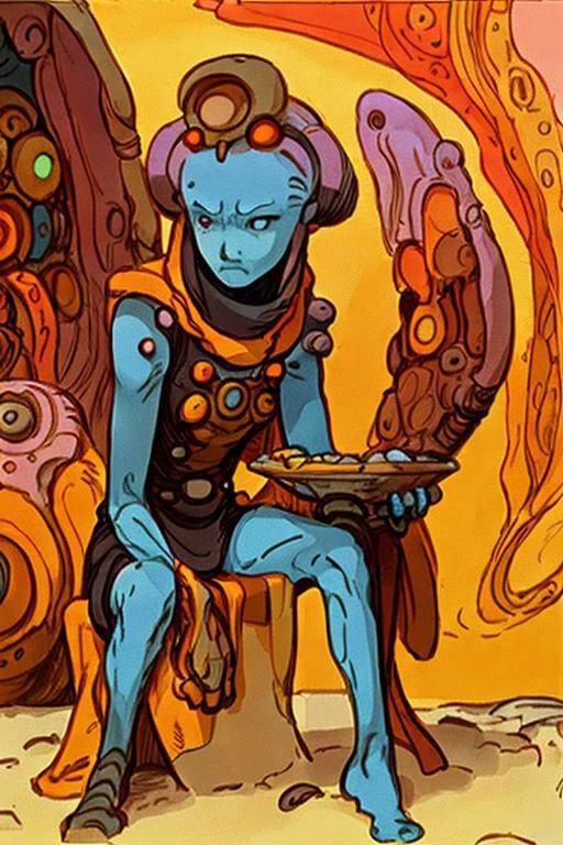 Fine Art Masterpiece, thin outline, illustration of a young fremen woman cooking a meal in a sietch by moebius, moebiuscolor, dynamic pose, serious expression, intricately detailed