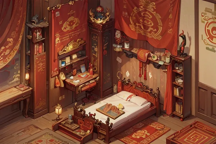 bedroom, oriental bed, chinese, ying and yang symbol, dragon statue, red, dim light, futuristic, satin, red curtain, golden, ornament, mirror, ornate, detail, traditional, wooden floor, <lora:ARWOrientalInterior:1>, trippy, psychedelic, colorful, 2d, anime, detailed, illustration, intricate, <lora:add_detail_realistic:1>, <lora:sharpen-soften:-0.5>