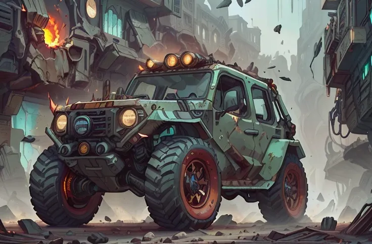 (battlecar:1.1), (4x4 off-road vehicle:1.08), (painted red:1.05), vehicle focus, no humans, car, wheel, tire, debris, fire, sparks, glowing, dirty <lora:BattleCars_v2_50_clip2_R-128:0.41> BREAK <lora:FragRealityTech:0.6>, shattered warped reality, scifi, fragrealitytech, Cinematic photograph, UHD, 4k, ultra detailed, epic, inspiring, beautiful lighting, artistic composition, masterpiece, best quality, absurdres, detailed, ultra-detailed, max detail, 4k uhd