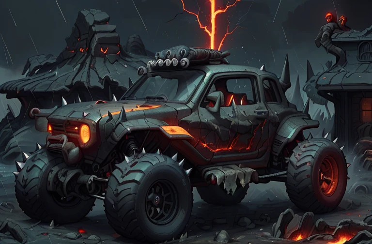 (battlecar:1.1), (go-kart:1.08), (painted carbon fiber:1.05), vehicle focus, no humans, car, wheel, tire, debris, night, rain, lightning, spike, splash, water, dirty <lora:BattleCars_v2_50_clip2_R-128:0.41> BREAK <lora:MagmaTech:0.5>, lava, MagmaTech, Cinematic photograph, UHD, 4k, ultra detailed, epic, inspiring, beautiful lighting, artistic composition, masterpiece, best quality, absurdres, detailed, ultra-detailed, max detail, 4k uhd