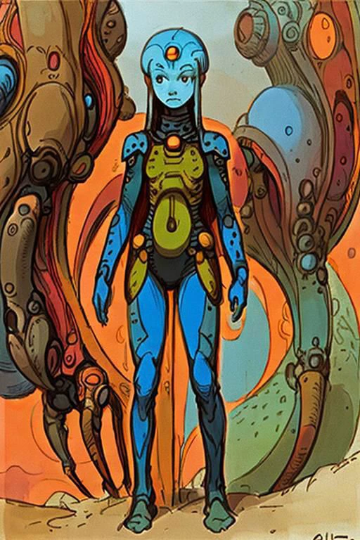Fine Art Masterpiece, thin outline, illustration of a young fremen woman in a sietch by moebius, moebiuscolor, intricately detailed
