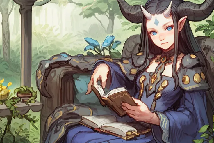 best quality,masterpiece,realistic,1girl, long hair, book, solo, black hair, sitting, holding, open book, horns, holding book, reading, blue eyes, flower, hair ornament, bangs, plant, glowing, very long hair, night, hair flower, blue theme, dress, closed mouth, blurry