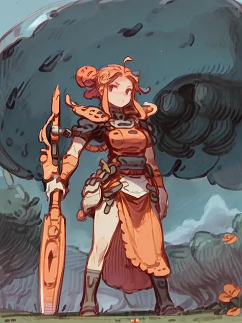 (wide view angle,from below, huge weapon:1.3) ,1girl, sword, weapon,((bug)), grass, holding sword, outdoors,holding weapon, orange hair, holding, long hair, dress , walking, solo, flower, armlet,