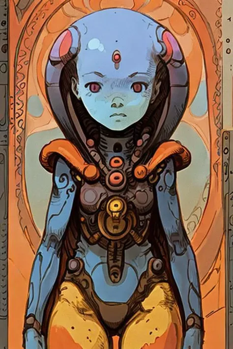 Fine Art Masterpiece, thin outline, illustration of a fremen girl in a sietch by moebius, moebiuscolor, intricately detailed