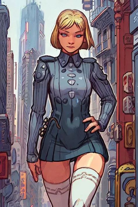 Fine Art realistic Masterpiece druuna style, thin outline, illustration of a young blond woman, short bob hairstyle, wearing coat, shirt, skirt, thigh-highs, walking in New-York Manhattan streets, dynamic pose, innocent expression, detailed face, detailed eyes, intricately detailed, VisionaryVerse