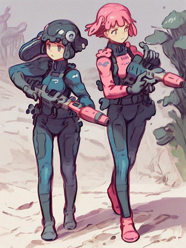 weapon, gun, bodysuit, holding, holding weapon, gloves, boots, multiple girls, 2girls, holding gun, helmet, blue bodysuit, white gloves, backpack, standing, black footwear, simple background, pink bodysuit, high heels, outdoors,