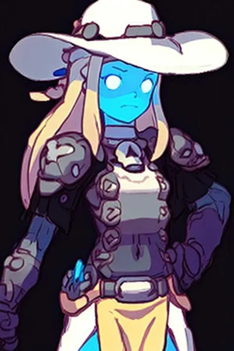 solo, hat, 1girl, skull, long hair, cowboy hat, blonde hair, colored skin, glowing eyes, glowing, armor, detailed background